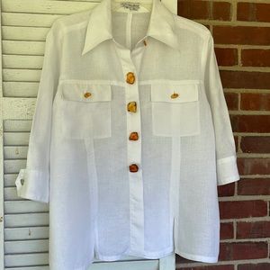 JENNY POLANCO Classic White Linen with Gorgeous Quartz Gem Overlay Buttons